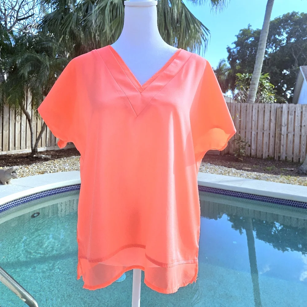 NEW DKNY Coral Pink V-Neck Lightweight Chiffon Blouse Size S Sheer Casual Office - Picture 3 of 10